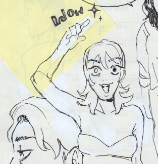 A scan from my sketchbook: Black and white ink drawings of various figures. The central one is a thin woman with an ecstatic expression and her arm pointing up in the air, saying 'WOW!'